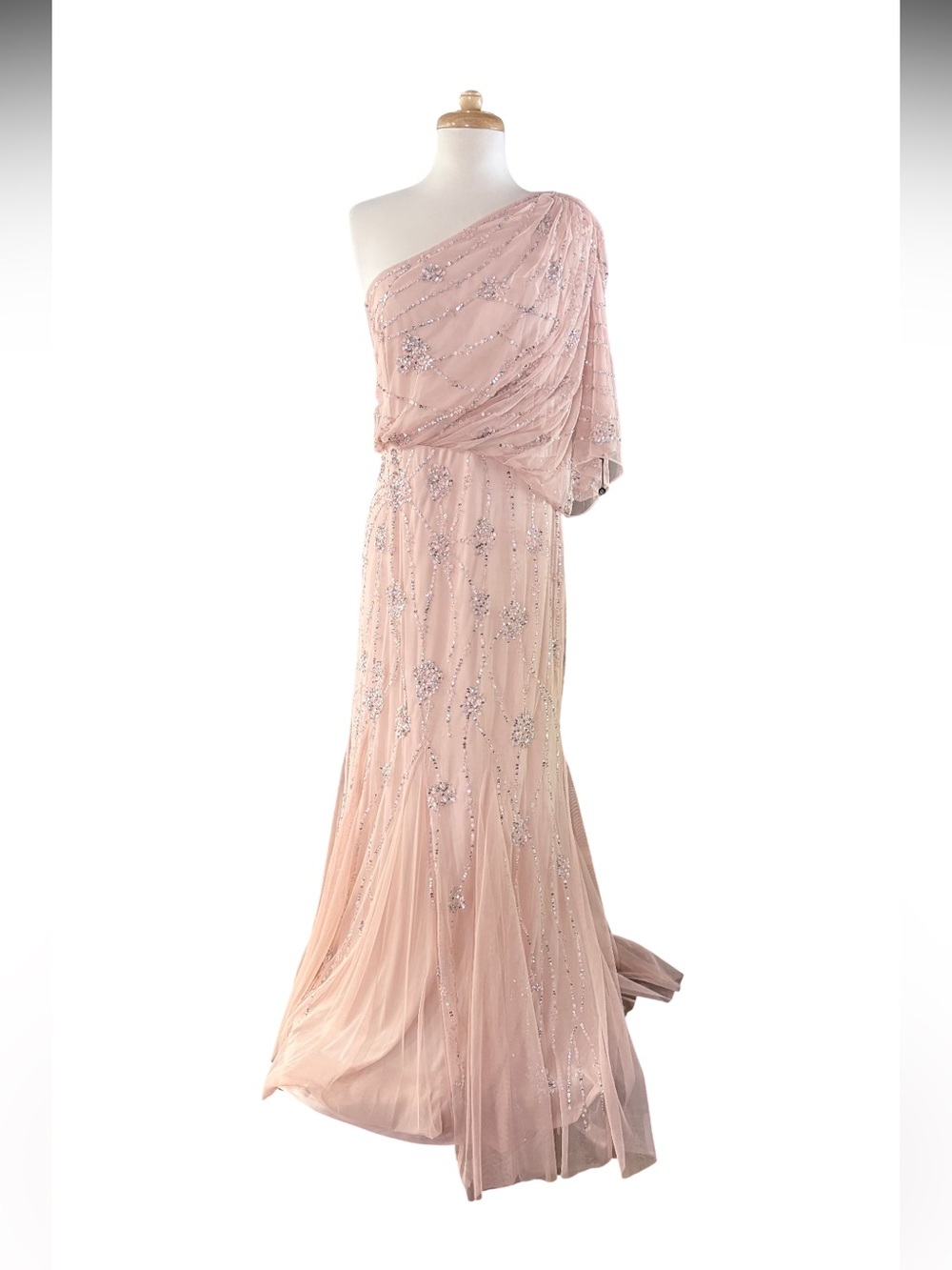 Adrianna Papell Blush One-Shoulder Beaded Maxi Gown NWT